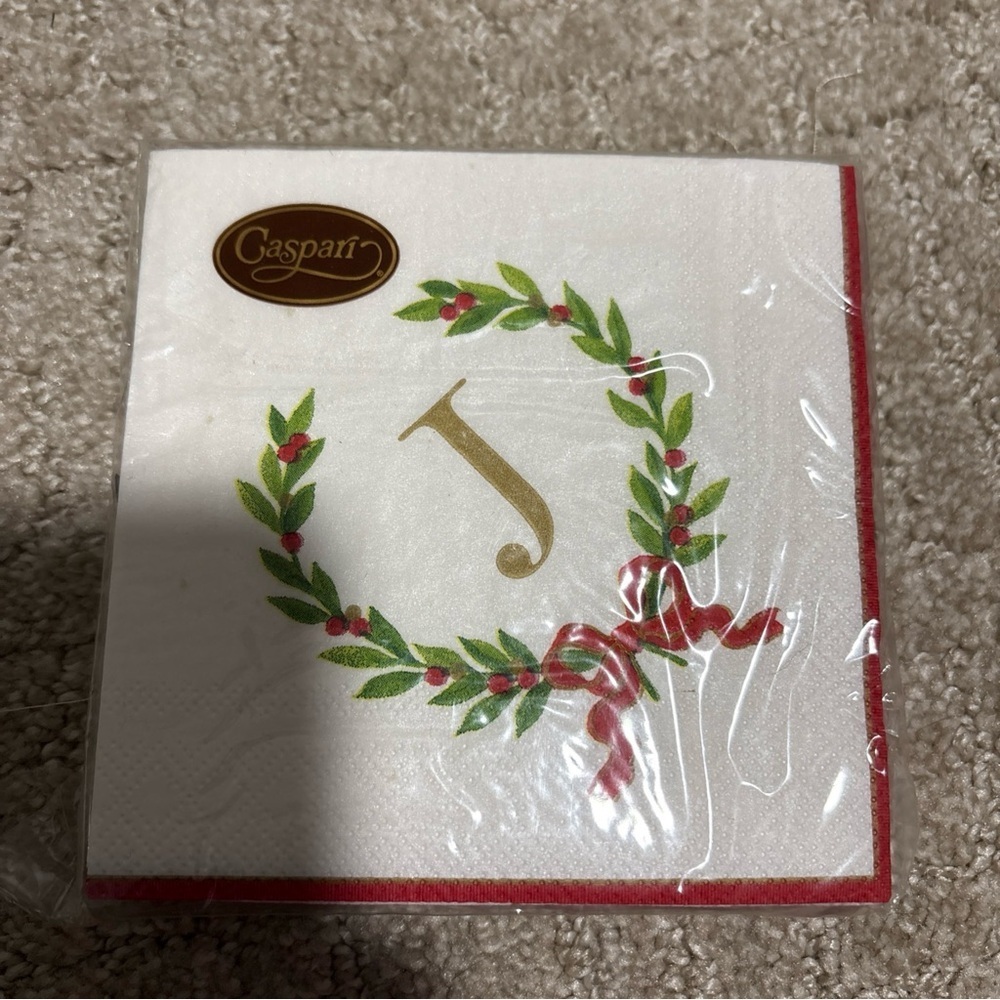 Caspari Christmas Laurel Wreath Cocktail Napkin Letter J 20Triple Ply 25x25 Cm